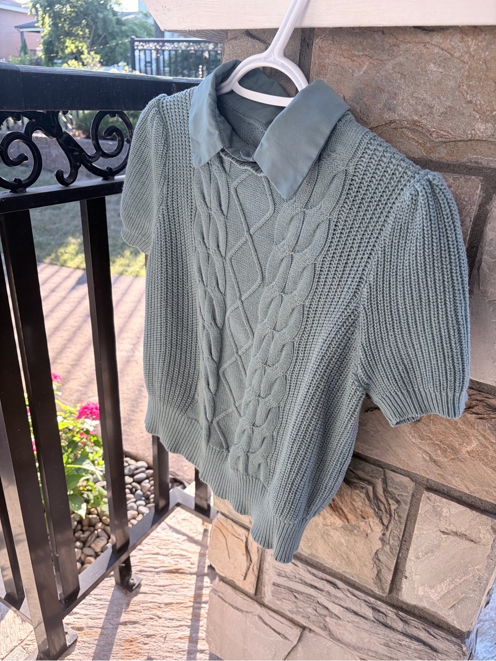 Sage Green Cable Knit Puff Sleeve Sweater with Satin Collar
